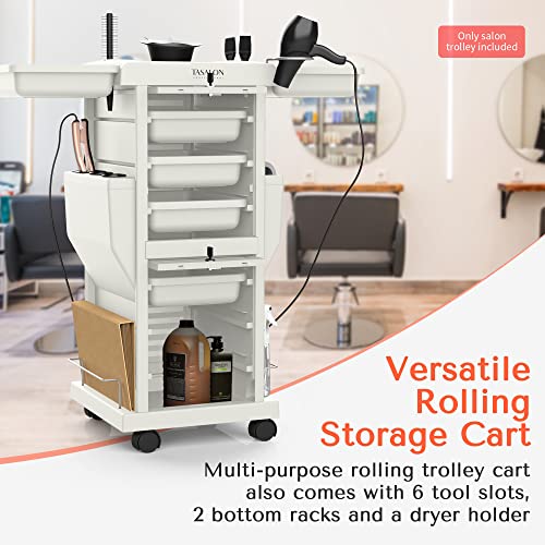 TASALON Salon Trolley Cart with Lock, 6 Lockable Trays + 2 Holders, Rolling Storage Cart for Hair Salon, Beauty, Barber Station - White - color: White