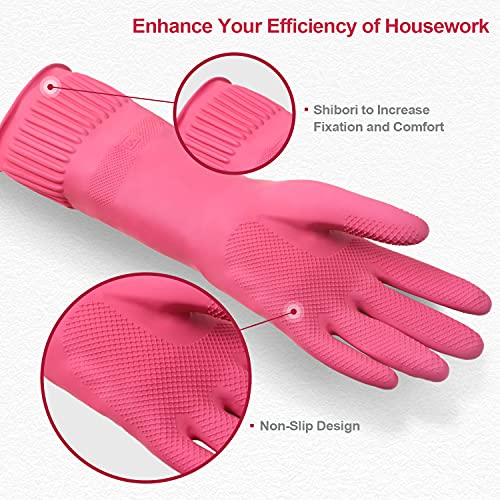 DABOGOSA Mamison 2 Pairs Reusable Waterproof Household Dishwashing Cleaning Rubber Gloves, Non-Slip Kitchen Glove (Pink, Medium (Pack of 2)) - color: Pink, size: Medium (Pack of 2)