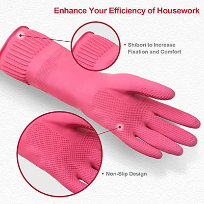 DABOGOSA Mamison 2 Pairs Reusable Waterproof Household Dishwashing Cleaning Rubber Gloves, Non-Slip Kitchen Glove (Pink, Medium (Pack of 2)) - color: Pink, size: Medium (Pack of 2)
