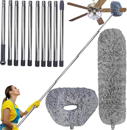 20+ Ft High Reach Ceiling Fan Duster &Microfiber Feather Brush Duster with 3-14 ft Spliceable Pole Microfiber Feather Duster for Spider Web, High Ceiling, Blinds, Furniture Cleaning Tool Kit