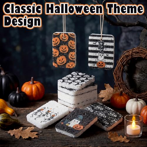 Hahafelt 36 Pack Halloween Compressed Cellulose Sponges Bulk Pop up Ghost Pumpkin Skull Kitchen Sponges Natural Kitchen Compostable Non Scratch Dish Tools for Washing Dishes Cleaning Countertop Sink - style: Halloween Ghost