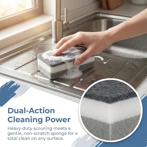 12 Pack Dual-Sided Cleaning Sponges -Three Layer Thickness Duty Sponge Scrubber for Dishes, Kitchen, Bathroom & Household Cleaning