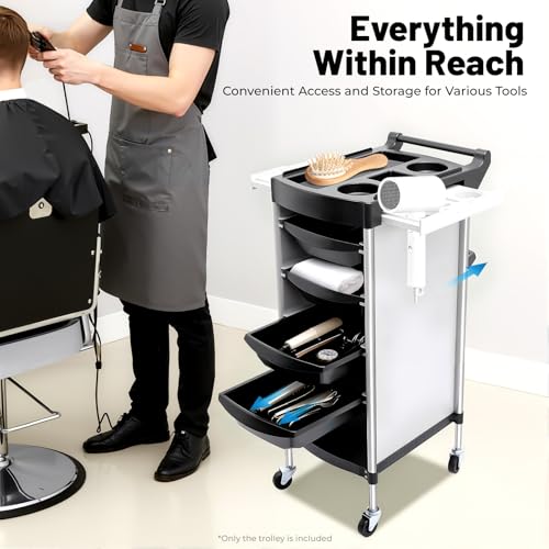 Salon Trolley Cart with Wheels, 6-Tier Beauty S-alon Cart with 4 Drawers, Space-Saving Rolling Salon Versatile Utility Cart, Open Top Floor, 110.23lbs Load-Bearing, Retractable Trays (White+Black) - color: White+black