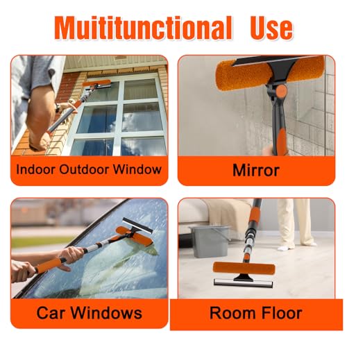 Window Squeegee Kit with Extension Pole, 2-in-1 Professional Washer for High Windows, 3-12FT Adjustable Reach, Rotatable Head for Indoor & Outdoor Use, Streak-Free Cleaning Tool for Home