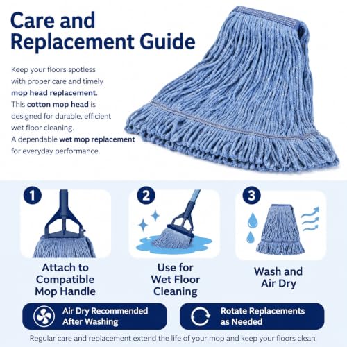 kCarpolyGeneral Cleaning Mop Heavy Duty Commercial Replacement, Heavy Duty Mop Head Commercial Replacement ，Wet Industrial Blue Cotton Looped End String Head Refill (Pack of 3) Blue - color: Blue
