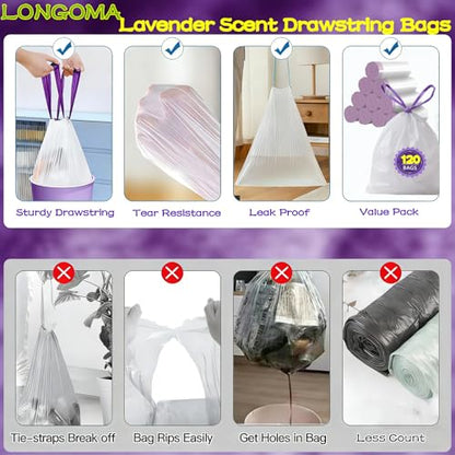 8 Gallon Trash Bags Drawstring, 120 Count Lavender Scented Leak Proof Medium Garbage Bags, 8 Gal Bin Bags Odor Control & Tear Resistant Can Liners for Kitchen Bathroom Bedroom Office - size: 1 Count (Pack of 110)