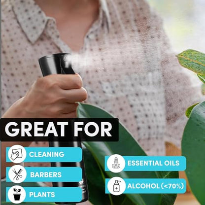 Continuous Spray Bottle for Hair – 2 Seconds of Ultra Fine Mist – Refillable Plastic Water Sprayer for Hair Styling, Cleaning, Plants, Salon, Essential Oil Scents, and More – Black, 200ml