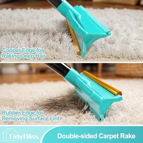 TidyBliss Carpet Rake for Pet Hair Removal Tool, 56.7” Long Handle Silicone Rug Scraper Broom, Double-Sided Dog Cat Fur Comb Brush for Mats, Couch, Furniture, Car Interiors (Blue)