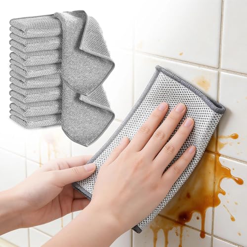 Double Layer Multipurpose Non Scratch Scouring Pads Kitchen Dish Rags Cleaning Cloths for Home Cooktop Use 10 Pack - color: Silver 10-pack