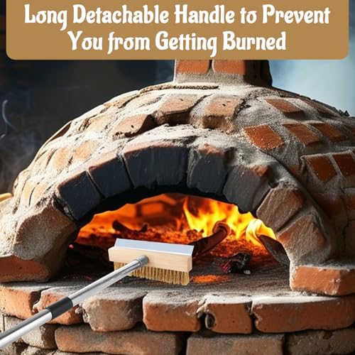 1 Pcs Adjustable Pizza Oven Brush with Scraper, Brass Bristles Pizza Stone Brush with Detachable Handle, Pizza Oven Accessories for Cleaning Pizza Oven