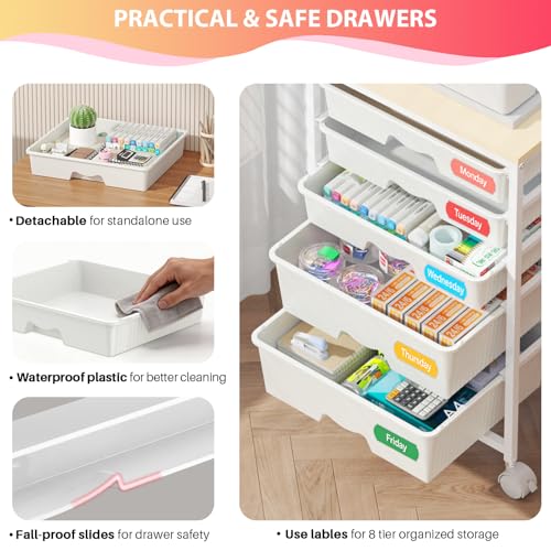Goovilla Rolling Cart with Drawers, Utility Cart Organizer With 5 Removable Drawers and Wooden Tabletop, Lockable Rolling Storage Organizer for Art, Classroom, Home, Dorm, Office, Craft Storage, White - size: White