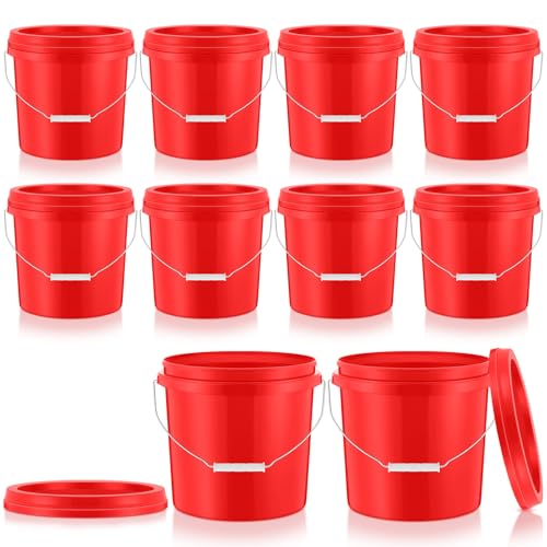 Tioncy 10 Pcs 2 Gallon Plastic Bucket with Lid Heavy Duty 2 Gallon Bucket Pail with Lid Handle for Storage Container Home Household Cleaning (Red) - color: Red