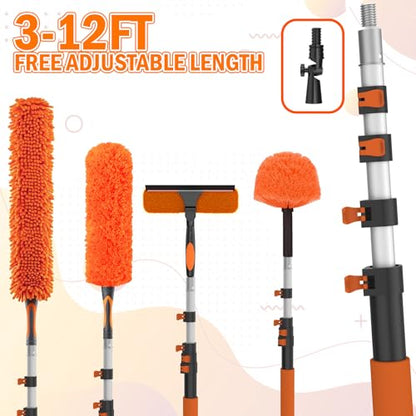 LAANPOLE 20FT High Reach Duster Cleaning Kit with Extension Pole, High Ceiling Fan Cleaner Duster Tool for Fan Blades, Window Washing Kit with Microfiber Feather Duster & Window Squeegee - size: 12FT