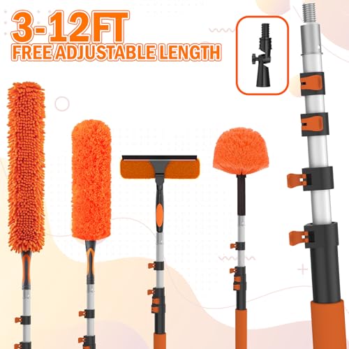 LAANPOLE 20FT High Reach Duster Cleaning Kit with Extension Pole, High Ceiling Fan Cleaner Duster Tool for Fan Blades, Window Washing Kit with Microfiber Feather Duster & Window Squeegee - size: 12FT