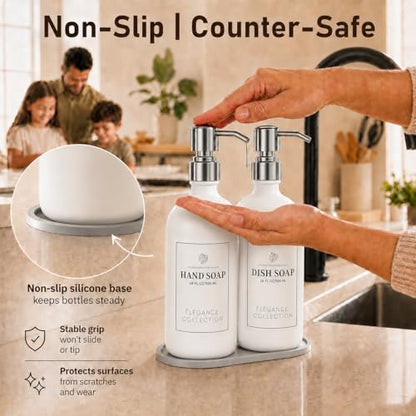 Fachixy White Glass Soap Dispenser (2 Pack), 16 Fl Oz Hand & Dish Soap Dispenser Bottles Set with Rust-Resistant Stainless Steel Pump, Non-Slip Pad, 14 Waterproof Labels for Kitchen and Bathroom - color: Off-white