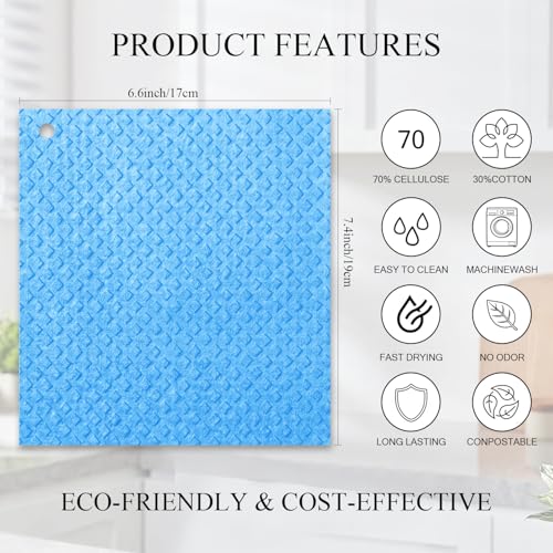 Swedish Kitchen Dish Cloths - 6 Pack Reusable Paper Towels for Counters & Dishes - Eco Friendly Cellulose Sponge Cloth (Blue) - color: K-blue