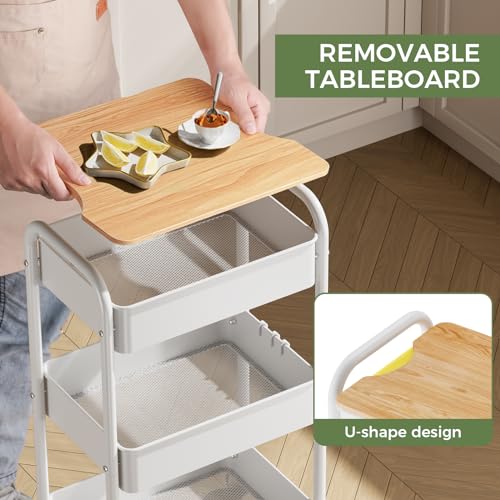 3 Tier Rolling Cart with Table top, Metal Rolling Utility Cart on Wheels, Sturdy Storage Organizer Cart with Hooks for Office, Classroom, Kitchen and Bathroom (White) - color: White