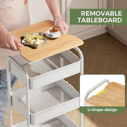 3 Tier Rolling Cart with Table top, Metal Rolling Utility Cart on Wheels, Sturdy Storage Organizer Cart with Hooks for Office, Classroom, Kitchen and Bathroom (White) - color: White