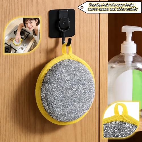 Double Sided Kitchen Sponges for Dishes, Round Scrubbing Pads with Steel Wire Nylon and High Elasticity Sponge, Non Scratch Cleaning Pads with Hanging Loop for Dishes, Pots, Sinks & Bathroom