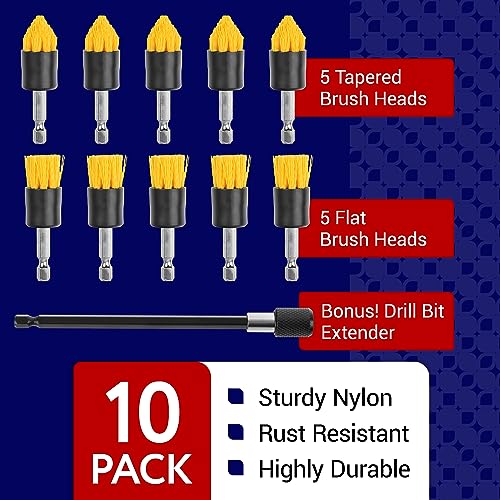 Impresa Drill Brush Attachment Set - Pack of 10, 5 Tapered & 5 Flat, 6 in Extender - Rotary Grout Cleaning Brushes - Crevice Reach with Drill Extender Attachment - Home & Auto Detailing Scrub Heads