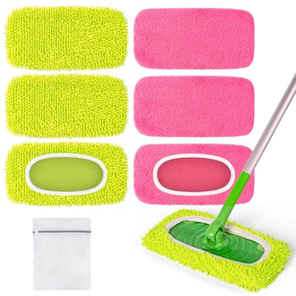 6 Pack Reusable Mop Pads Compatible with Swiffer Sweeper Mop, Washable Wet Pads Refill, Dry Sweeping Cloths, Microfiber Pads for Mopping Floors (Green, Pink) - color: Green, Pink