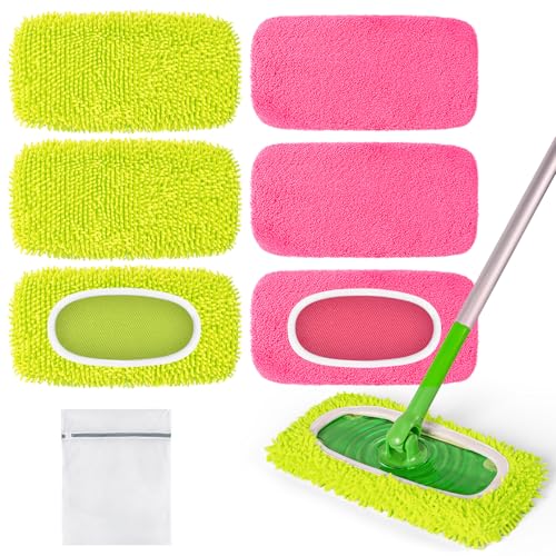 6 Pack Reusable Mop Pads Compatible with Swiffer Sweeper Mop, Washable Wet Pads Refill, Dry Sweeping Cloths, Microfiber Pads for Mopping Floors (Green, Pink) - color: Green, Pink
