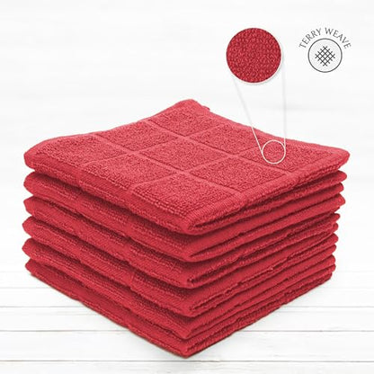 100% Cotton Dish Cloths for Dish Washing, Terry Dish Cloth, Cotton Dish Rags, 6 Pack, Super Soft and Absorbent, 12"x12" inches, Reusable Cleaning Cloth, RED Dish Cloth - color: Red - 6 Pack