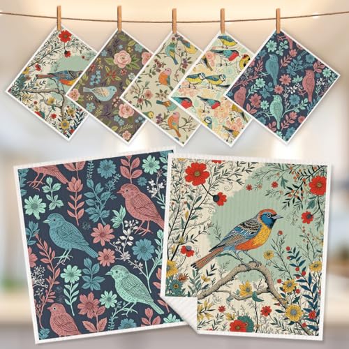 5 Pcs Vintage Bird Swedish Dishcloths, Bird Themed Swedish Dishcloth, Artistic Dish Cloths for Drying Dishes, Reusable Cleaning Cloths, Housewarming Gifts for Women 1 - color: Lm 04236