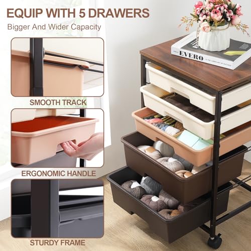 SYKIARIOL Utility Cart with 5 Drawers,Storage Drawer Cart with Wooden Tabletop and Lockable Wheels,Craft Storage Trolley Cart,5-Tier Rolling Utility Cart on Wheels,Dark Brown - color: Dark Brown
