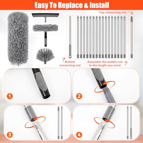 30 Feet High Reach Duster Kit with 2-24 ft Extension Pole High Ceiling Dusting and Window Cleaning Kit with Window Washer & Squeegee, Cobweb Duster, Washable Head for Ceiling Fan(Gray) - color: Gray, size: 30 ft