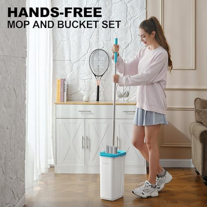 Mop and Bucket Set, 60" Long Handle Mops for Floor Cleaning, Squeeze Flat Mop and Bucket System, Dry & Wet Wall Mop Cleaner for Household Cleaning with 4 Microfiber Mops, Turquoise-Cyan - size: Mop System (Cyan) - 60" Handle - 4 Total Pads