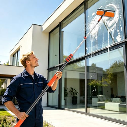 30FT Telescoping Window Squeegee Kit | 2-in-1 Professional Window Washer & Microfiber Scrubber with Extension Pole | High Reach Cleaning Tool for Outdoor, Indoor Windows & Glass - size: 24FT