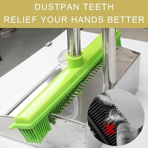 Rubber Broom and Dustpan Set,Pet Hair Removal Rubber Broom with Squeegee and Stainless Steel Dust Pan,Carpet Rake Push Broom and Dustpan for Fluff Hardwood Floor Tile (Green) - color: Green
