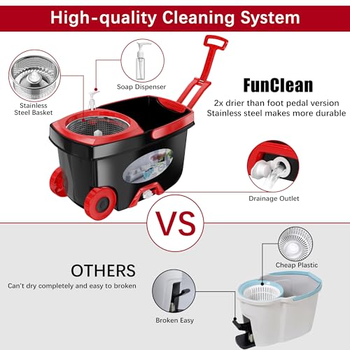 FunClean Spin Mop and Bucket for Home Cleaning, 360° Rotating Floor Mop with Wringer, Adjustable 61" Handle for Back Pain Relief, 6 Microfiber Replacement Heads, 2 Easy-Move Wheels - Black - size: Black Mop Bucket with 6 Extra Refills