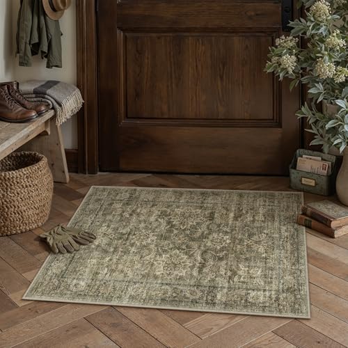 HUGEAR 2x3 Entryway Rug Mossy Vintage Machine Washable Rug Room Decor Distressed Small Area Rugs Indoor Door Mat Low Pile Non Slip Carpet for Kitchen Living Bedroom Soft Lightweight - color: Mossy, size: 2' x 3' (Rectangular)