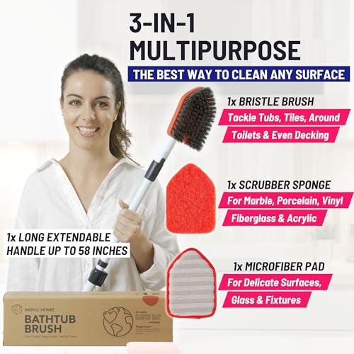 Moku Home Shower Scrubber 3 in 1 Extendable Long Handle 58" Cleaning Brush - Non Scratch Shower Brush for Cleaning Bathroom Kitchen Toilet Wall Tub Tile Sink (Red) - color: Red