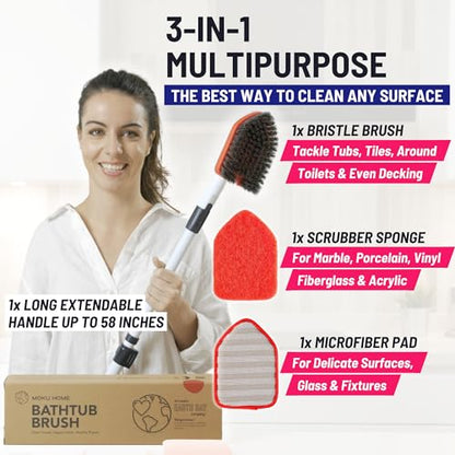 Moku Home Shower Scrubber 3 in 1 Extendable Long Handle 58" Cleaning Brush - Non Scratch Shower Brush for Cleaning Bathroom Kitchen Toilet Wall Tub Tile Sink (Red) - color: Red