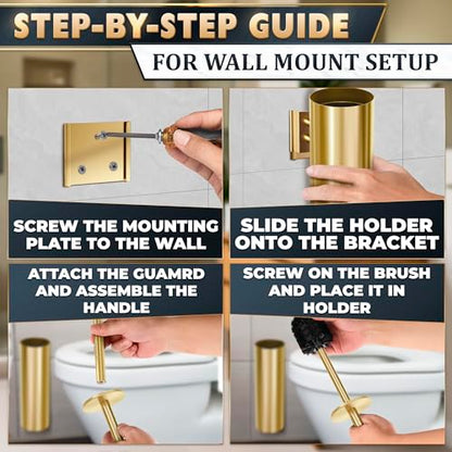 Gold Toilet Brush and Holder Set with Wall Mount - Modern Wall Mounted Toilet Brush Made from Corrosion-Resistant Stainless Steel - Removable Inner Bowl, Splash Protection & Dense Bristles Supplied - color: Gold Wall-mounted