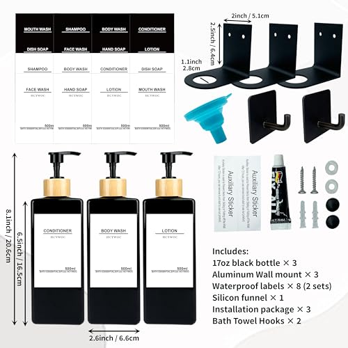 Shampoo Dispenser for Shower Wall, Shampoo and Conditioner Dispenser with 16 Waterproof Labels, No Drill Shower Soap Dispenser Bathroom, Shower Soap Dispenser Wall Mounted, 17oz, Bamboo(Black) - color: Black Bottle + Bamboo Pump