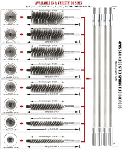 50 in Pipe Cleaning Brush Set with Stainless Steel Bristles, Wire Brush with 4pcs Stainless Steel Spring Flexible Rods, Stainless Steel Pipe Brush 8pcs for Auto Parts, Bottles, Tubes.