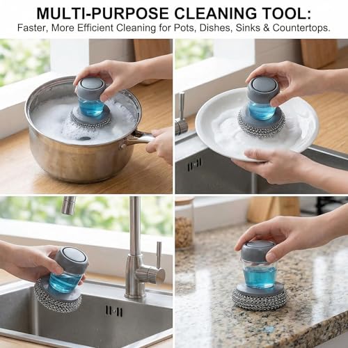 Comfort Grip Soap Dispensing Kitchen Scrub, Heavy Duty Kitchen Scrub Brush with Comfort Grip, Replaceable Cleaning Balls, Non-Slip Handle for Dishes, Pots, Pans, Sinks & Countertops (2 + 4pcs Balls)