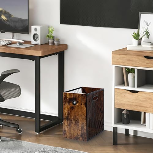 Office Trash Can 4.5 Gallon, Metal Mesh and Wood Combination Small Garbage Can, Rectangular Waste Basket with Handle, Industrial Trashcan for Home Office, Bedroom, Living Room