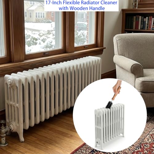 2-Pack Radiator Brush, 17-Inch Long Reach Flexible Radiator Cleaner with Wooden Handle, Multipurpose Dryer Lint Brush & Refrigerator Coil Cleaning Brush for Narrow Gaps, Vent Cleaner & Duster