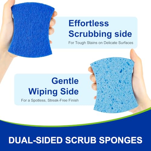 LILAC Non-Scratch Cellulose Scrub Sponges, Ergonomic S-Shape Dual-Sided Dishwashing Sponges for Kitchen, Heavy Duty Cleaning Pads Safe for Non-Stick Cookware & Household, Blue, 12 Pack (12)