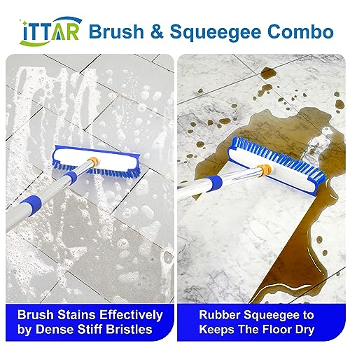 ITTAR 55" Extendable Floor Scrub Brush, 12" Wide Heavy-Duty 2-in-1 Scrub & Squeegee Deck Brush for Tile Grout Shower Floor, Kitchen, Restaurant, Patio & Garage Cleaning - color: Blue&white