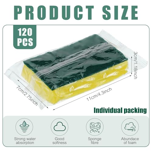 Tanlade 120 Pcs Individually Wrapped Sponge Dishwashing Sponge Bulk Non Scratch Scrub Sponges Kitchen Scouring Pad for Household Cleaning Rental Dishes Hotel Apartment Car (Yellow,Green) - color: Yellow, Green