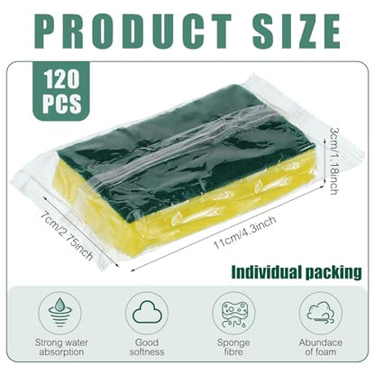 Tanlade 120 Pcs Individually Wrapped Sponge Dishwashing Sponge Bulk Non Scratch Scrub Sponges Kitchen Scouring Pad for Household Cleaning Rental Dishes Hotel Apartment Car (Yellow,Green) - color: Yellow, Green
