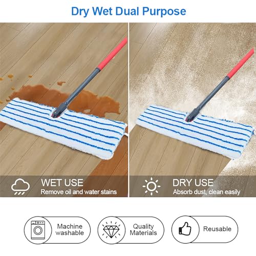 2 Pack Microfiber Mop Replacement Heads Compatible with O-Cedar Dual Action Flat Mop for Dry/Wet Use, Machine Washable Reusable Flip Mop Refills All Surface Cleaning(Blue White Stripe) - color: Blue & White Stripe Microfiber Mop Pads | Reusable, Machine-w