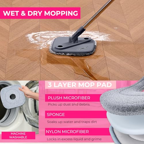 True & Tidy True Clean Spin Mop & Bucket System – Dual Compartment Design for Clean & Dirty Water, 360° Swivel Mop Head, Built-in Scrubbing Brush, Stainless Steel Handle & 2 Reusable Microfiber Pads - size: Spin Mop Deluxe