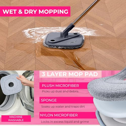 True & Tidy True Clean Spin Mop & Bucket System – Dual Compartment Design for Clean & Dirty Water, 360° Swivel Mop Head, Built-in Scrubbing Brush, Stainless Steel Handle & 2 Reusable Microfiber Pads - size: Spin Mop Deluxe